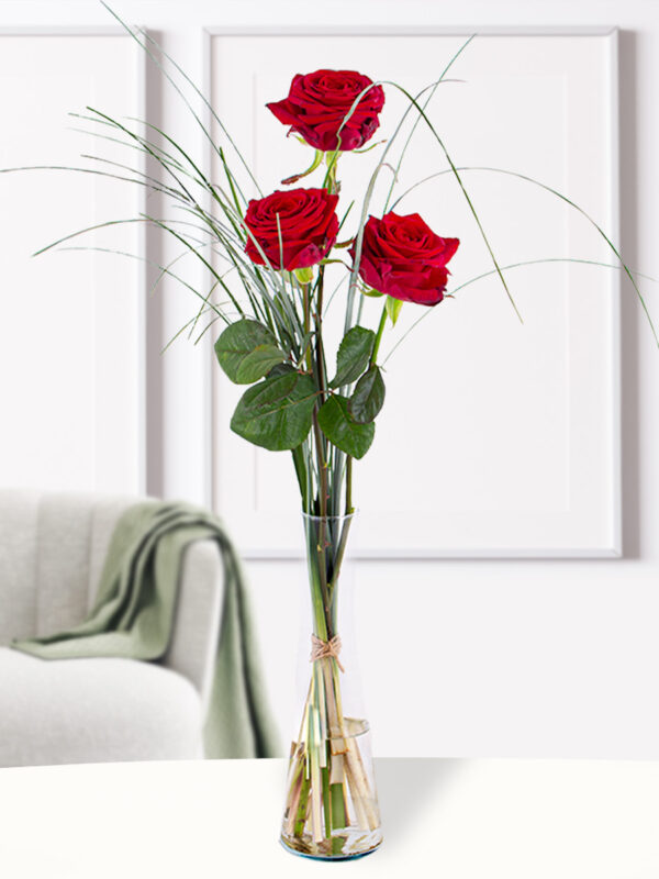 Drie rode rozen - premium rozen + glasvaas Debbie