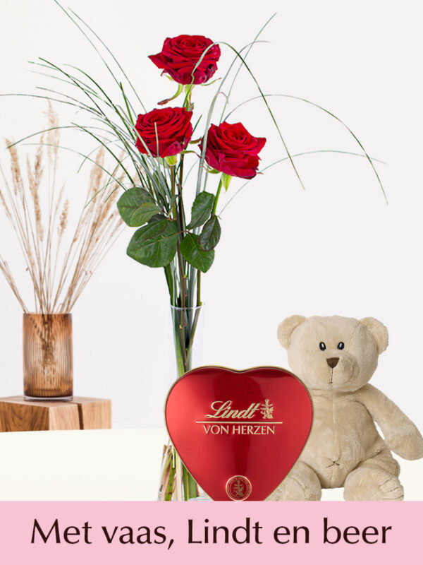 Drie rode rozen inclusief vaas, Lindt hart en teddybeer 17 cm - Valentijnsdag