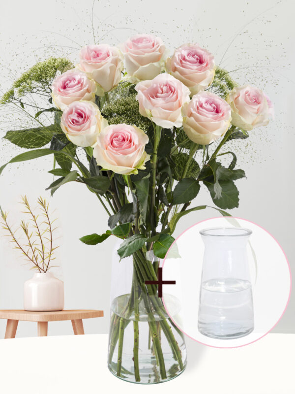 Geboorteboeket roze + gratis glasvaas Aafke