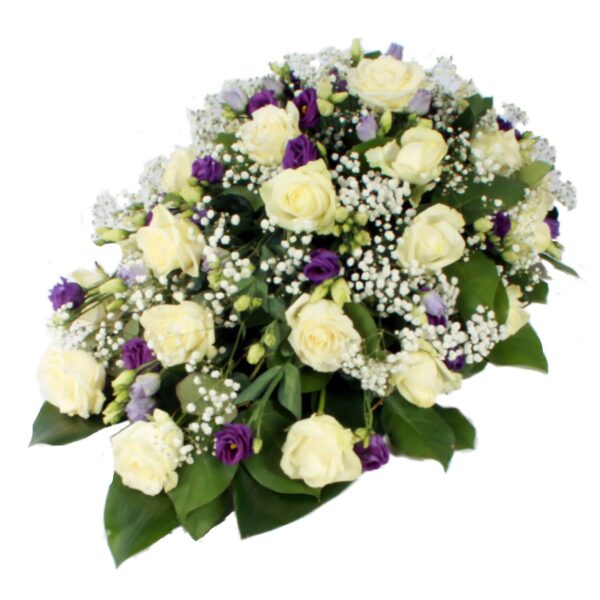 Rouwdruppel witte Rozen paarse Lisianthus
