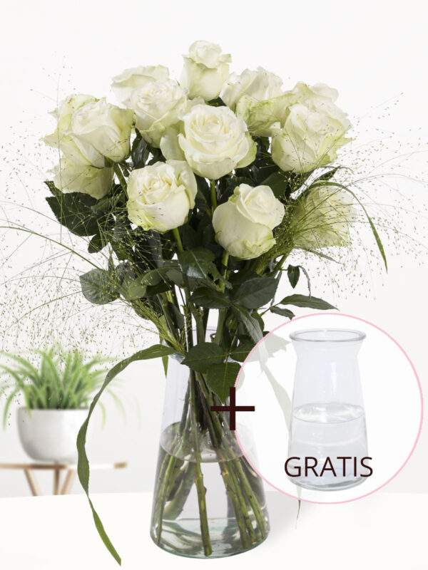 Wit rozenboeket met panicum + gratis glasvaas Aafke - Snowstorm